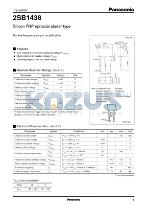 2SB1438 datasheet - Silicon PNP epitaxial planer type(For low-frequency output amplification)