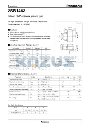 2SB1463 datasheet - Silicon PNP epitaxial planer type(For high breakdown voltage low-noise amplification)