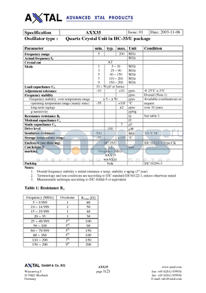 AXX35 datasheet - Quartz Crystal Unit in HC-35/U package