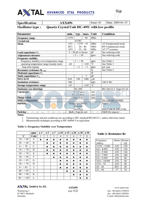 AXX49S datasheet - Quartz Crystal Unit HC-49/U with low profile