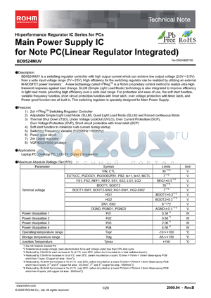 BD9524MUV datasheet - Main Power Supply IC for Note PC(Linear Regulator Integrated)