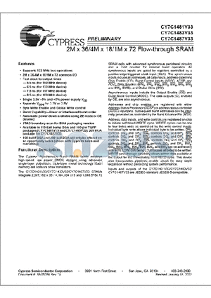 CY7C1487V33 datasheet - 2M x 36/4M x 18/1M x 72 Flow-through SRAM