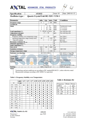 AXX52 datasheet - Quartz Crystal Unit HC-52/U / UM-1