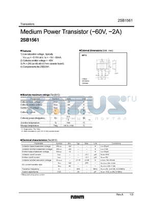 2SB1561 datasheet - Medium Power Transistor (-60V, -2A)