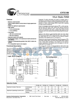 CY7C150_03 datasheet - 1Kx4 Static RAM