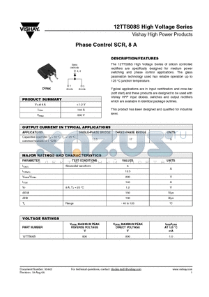 12TTS08STRR datasheet - Phase Control SCR, 8 A