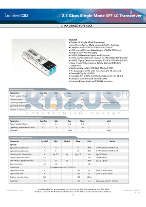C-127-2500-FDFB-SLC4 datasheet - 2.5 Gbps Single Mode SFF LC Transceiver
