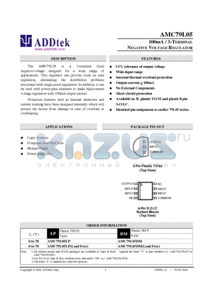 AMC79L05 datasheet - 100mA / 3-TERMINAL NEGATIVE VOLTAGE REGULATOR