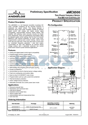 AMC8500DE16 datasheet - TWO PHASE VARIABLE SPEED FAN MOTOR CONTROLLER