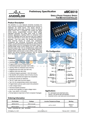 AMC8510QS16 datasheet - SINGLE PHASE VARIABLE SPEED FAN MOTOR CONTROLLER