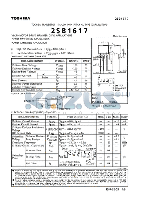 2SB1617 datasheet - TRANSISTOR (MICRO MOTOR DRIVE, HAMMER DRIVE, SUPER SWITCHING, AMPLIFIER APLICATIONS)