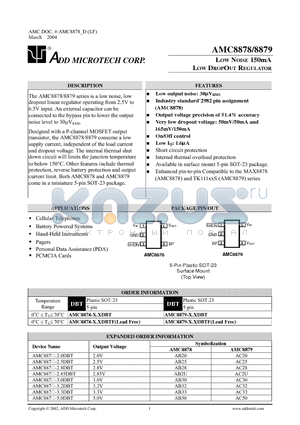 AMC8878-X.XDBT datasheet - LOW NOISE 150mA LOW DROPOUT REGULATOR