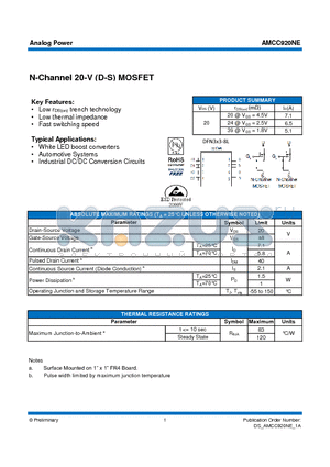 AMCC920NE datasheet - N-Channel 20-V (D-S) MOSFET