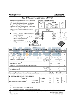 AMCC922NE datasheet - Dual N-Channel Logical Level MOSFET
