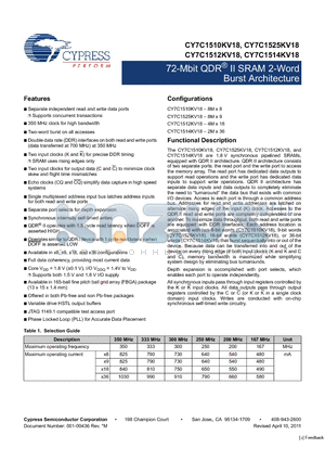 CY7C1510KV18_11 datasheet - 72-Mbit QDR II SRAM 2-Word Burst Architecture Two-word burst on all accesses