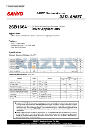 2SB1664 datasheet - PNP Epitaxial Planar Silicon Darlington Transistor Driver Applications