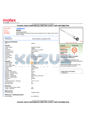 1300060374 datasheet - Mini-Change A-Size Single-Ended Cordset, Straight Female to Pigtail, 3 Poles, 30.0m (98.40 ) Length