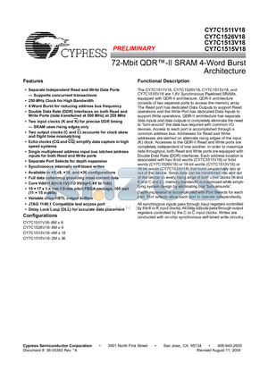 CY7C1511V18-250BZC datasheet - 72-Mbit QDR-II SRAM 4-Word Burst Architecture