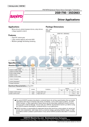 2SB1700 datasheet - PNP/NPN Epitaxial Planar Silicon Darlington Transistors