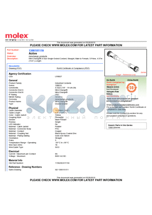 130010-1118 datasheet - Mini-Change A-Size Single-Ended Cordset, Straight, Male to Female, 5 Poles, 4.57m (15.0 ) Length