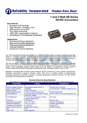 2SB24U15 datasheet - 1 and 2 Watt SB Series DC/DC Converters