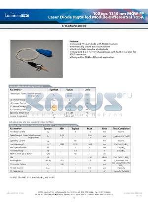 C-13-010-PK-SSC2I datasheet - 10Gbps 1310 nm MQW-FP Laser Diode Pigtailed Module-Differential TOSA