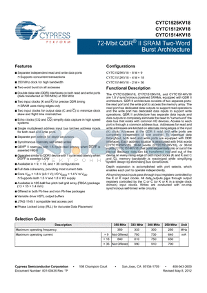 CY7C1512KV18-300BZC datasheet - 72-Mbit QDR^ II SRAM Two-Word Burst Architecture