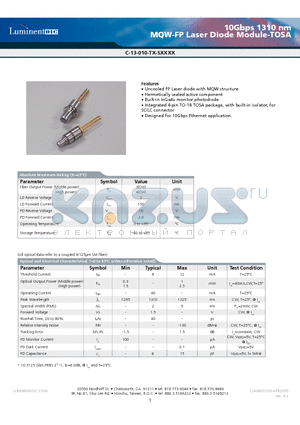 C-13-010-TG-SLCMB datasheet - 10Gbps 1310 nm MQW-FP Laser Diode Module-TOSA