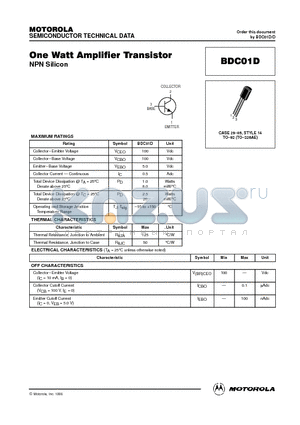 BDC01D datasheet - One Watt Amplifier Transistor