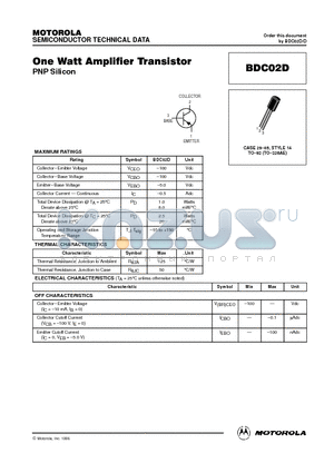 BDC02D datasheet - One Watt Amplifier Transistor