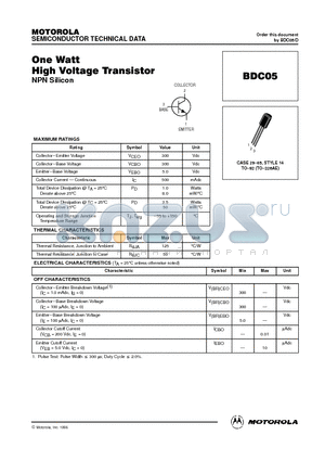 BDC05 datasheet - One Watt High Voltage Transistor