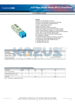 C-13-1250-F-SLC2 datasheet - 1.25 Gbps Single Mode SFF LC Transceiver