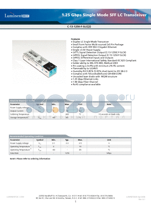 C-13-1250-F-SLC2 datasheet - 1.25 Gbps Single Mode SFF LC Transceiver