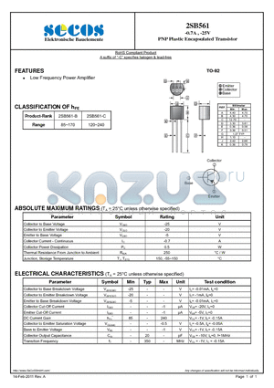2SB561 datasheet - PNP Plastic Encapsulated Transistor