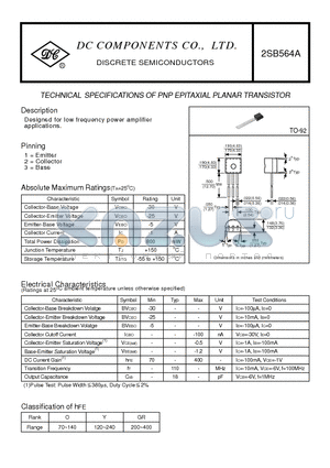2SB564A datasheet - TECHNICAL SPECIFICATIONS OF PNP EPITAXIAL PLANAR TRANSISTOR