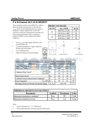 AMD534C datasheet - P & N-Channel 30-V (D-S) MOSFET