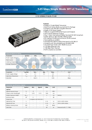 C-13-1250AC-F-SLCA-11-G5 datasheet - 1.25 Gbps Single Mode SFF LC Transceiver