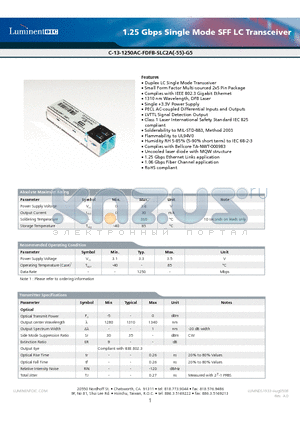 C-13-1250AC-FDFB-SLC2A-G5 datasheet - 1.25 Gbps Single Mode SFF LC Transceiver