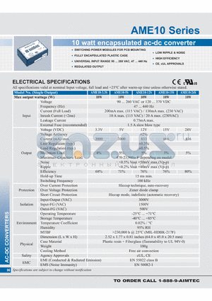 AME10-12D datasheet - 10 watt encapsulated ac-dc converter