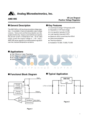 AME1085 datasheet - 3A Low Dropout Positive Voltage Regulator