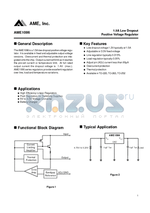 AME1086DCDS datasheet - 1.5A Low Dropout Positive Voltage Regulator