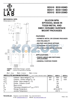 BDS10SMD datasheet - SILICON NPN EPITAXIAL BASE IN TO220 METAL AND SMD1 CERAMIC SURFACE MOUNT PACKAGES