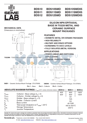 BDS10SMD05 datasheet - SILICON NPN EPITAXIAL BASE IN TO220 METAL AND CERAMIC SURFACE MOUNT PACKAGES