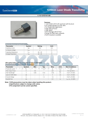 C-13-1315T-01 datasheet - 1310nm Laser Diode Transmitter