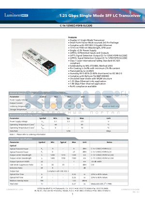 C-13-1250C-FDFB-SLC4A-G5 datasheet - 1.25 Gbps Single Mode SFF LC Transceiver