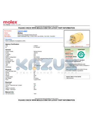 130141-0007 datasheet - Super-Safeway^ Plug, 3 Pole/3 Wire, Non-NEMA, 15A/125V, 10A/250V