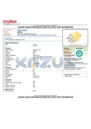 130141-0063 datasheet - Super-Safeway^ Plug with Locking Blade, 2 Pole/3 Wire, NEMA L6-20, 250V