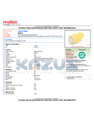 130141-0068 datasheet - Super-Safeway^ Receptacle with Locking Blade, 2 Pole/3 Wire, NEMA L6-30, 250V