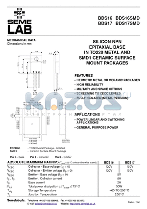 BDS17 datasheet - SILICON NPN EPITAXIAL BASE IN TO220 METAL AND SMD1 CERAMIC SURFACE MOUNT PACKAGES