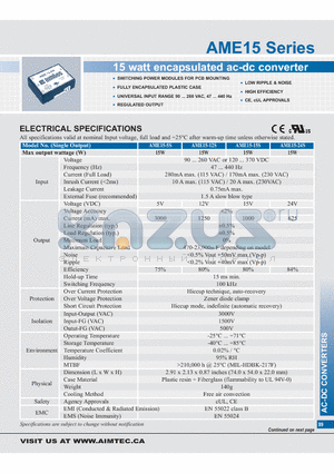 AME15-515T datasheet - 15 watt encapsulated ac-dc converter